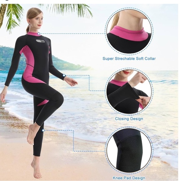 Gimilife Neoprene 3MM Full Body Wetsuit Black Pink Back Zip Women’s size M NEW - Picture 13 of 16